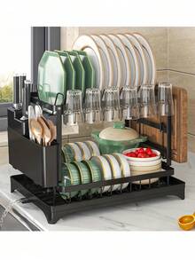 双层沥水架带滴水盘，可放置盘子、杯子、餐具，厨房收纳整理架，大号碳纤维双层沥水架，适用于台面，不锈钢材质，黑色 - 彩色 - 查看 6