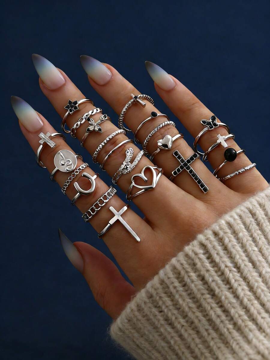 22pcs Vintage Rhinestone Heart, Cross, Snake, Star Stacking Rings Set For Women - Silver - View 1