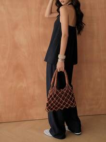 Bộ đồ nữ thời trang thường ngày mùa xuân/hè mới, áo hai mảnh cổ chữ V kẻ sọc màu xanh navy và quần ống rộng, dáng rộng thoải mái, rủ nhẹ. - Màu xanh hải quân - Xem 3