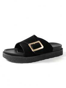 New Fashion Metal Buckle Decor Open Toe Platform Slide Sandals, Comfortable Non-Slip, Versatile & Easy To Clean, Suitable For Beach & Daily Wear - Black - View 6