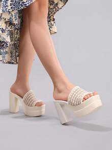Fashion Thick Sole Waterproof Platform High Heel Open Toe Sandals, Suitable For Ball, Party, Runway, Chunky Heel Slide Sandals For Women - Beige - View 9