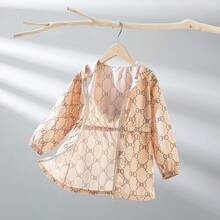 女童甜美连帽长袖外套，蝴蝶印花，收腰设计，弹性袖口，春夏秋季百搭休闲装 - 杏色 - 查看 11