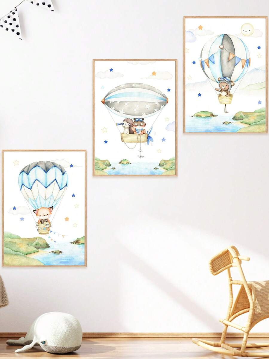 1幅帆布墙画_儿童房海报，热气球，儿童艺术，墙面装饰，图片，动物图案，礼物，波西米亚风格，婴儿用品 - 带框婴儿房墙画，完美适用于游戏室装饰、婴儿房装饰、托儿所装饰、幼儿园装饰、男孩房装饰、女孩卧室装饰、儿童房装饰。 - 彩色 - 查看 1