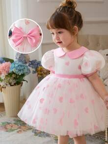 Baby Girls' Pink Round Neck Puff Sleeve Bow Tulle Elegant Princess Dress, Cute Party Dress Suitable For Girls' Birthday, Valentine's Day, Wedding, Banquet, Holiday Celebration - Pink - View 10