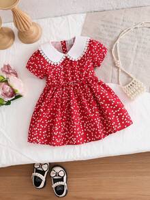 Baby Girls' Fashionable Cute Dress, Baby GirlVintage Collar Heart Pattern Dress, Baby Girls' Casual Elegant Sweet Versatile Clothing, Baby Girl Comfortable Outdoor Holiday Party Summer Outfit, Suitable For 0-1-2-3 Years Old, 6-9 Months - Red - View 1