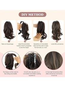 Clip de pelo con forma de garra para coleta, extensión de cabello sintético ondulado de 12 pulgadas, clip de pelo para mujeres en Halloween y Navidad (color del cabello: negro natural, marrón claro, marrón oscuro, negro parduzco) - Multicolor - Ver 7