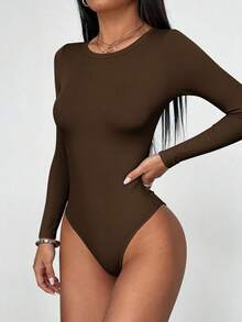 Women Spring Bodysuits For Long Sleeve Shirts Fitted Basic Ribbed Layering Bodys Tops Fall Fashion Winter Clothes Brown Vacation Rompers Outfits For Women - Brown - View 4
