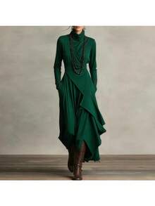 Women's Clothing Autumn And Winter 2026 New Women's Clothing Solid Color Long Sleeve High Neck Exquisite Commuter Travel Dating Cross Irregular Dress - 綠色 - 查看 3