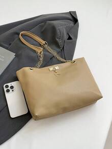 女士大容量手提包，时尚链条单肩包，新款时尚腋下包，复古亚麻托特包 - 卡其色 - 查看 8