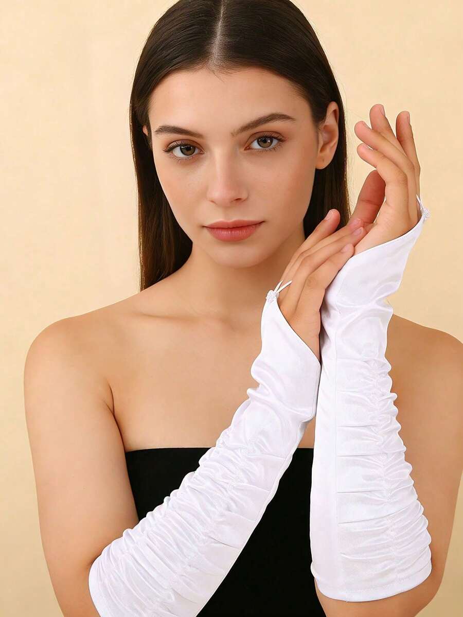 1pc New Fashionable Wedding/Holiday Sheer Mesh Fingerless Long Gloves, Lightweight & Breathable - White - View 1