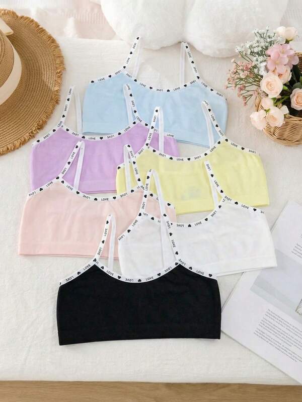 6pcs/Pack Sweet Girl Candy Color Casual Fashion Letter Camisole Sports Bra, Seamless Comfortable Breathable, Suitable For Student Girls Basic Workout Wireless Bra