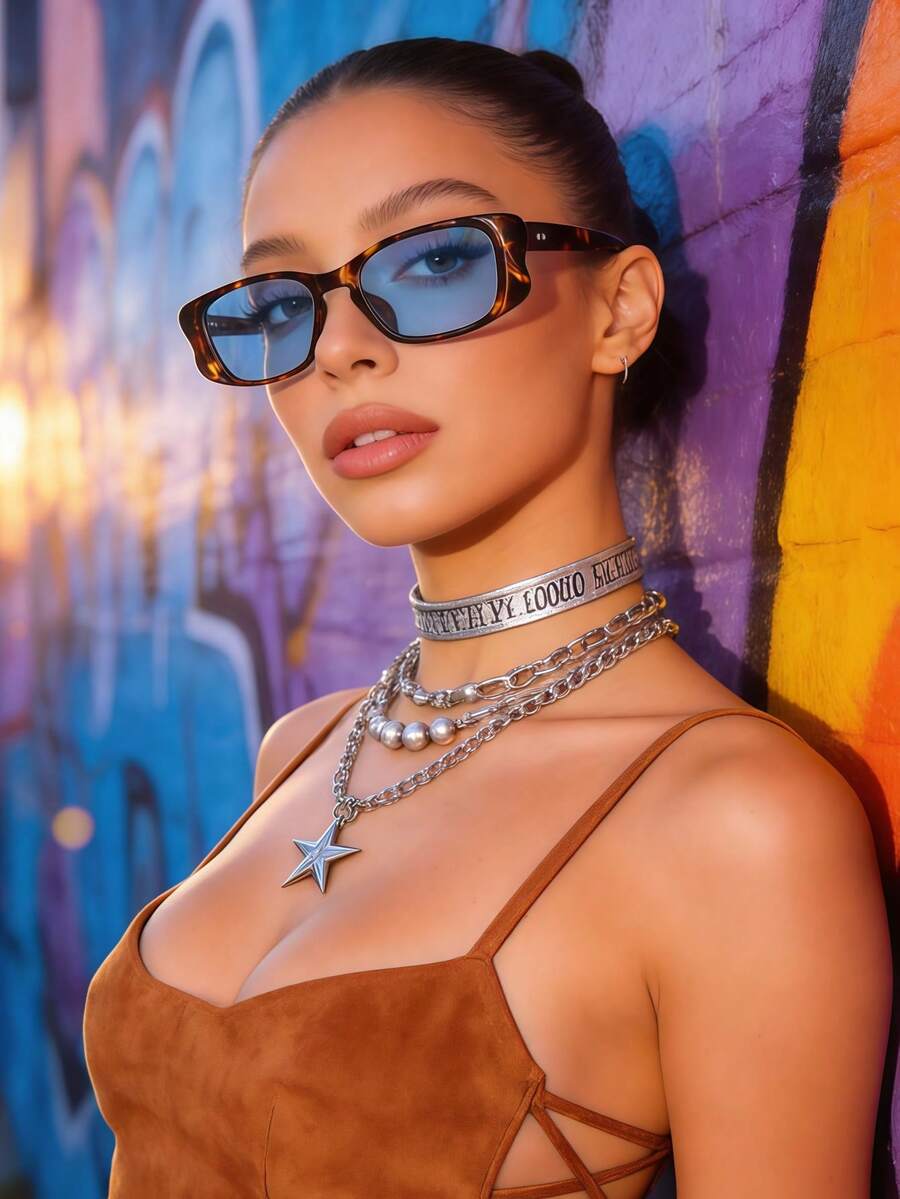 1pc Women's Narrow Rectangular Butterfly Frame Retro Street Y2K Baddie Contrast Color Chic Minimalist Fashion Fashion Glasses, Vacation - Tortoiseshell Framed Blue Plate - View 1