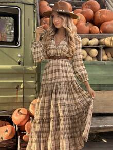 复古V领碎花长袖束腰喇叭连衣裙，乡村风格，适合春季郊游和节日穿着 - 彩色 - 查看 4