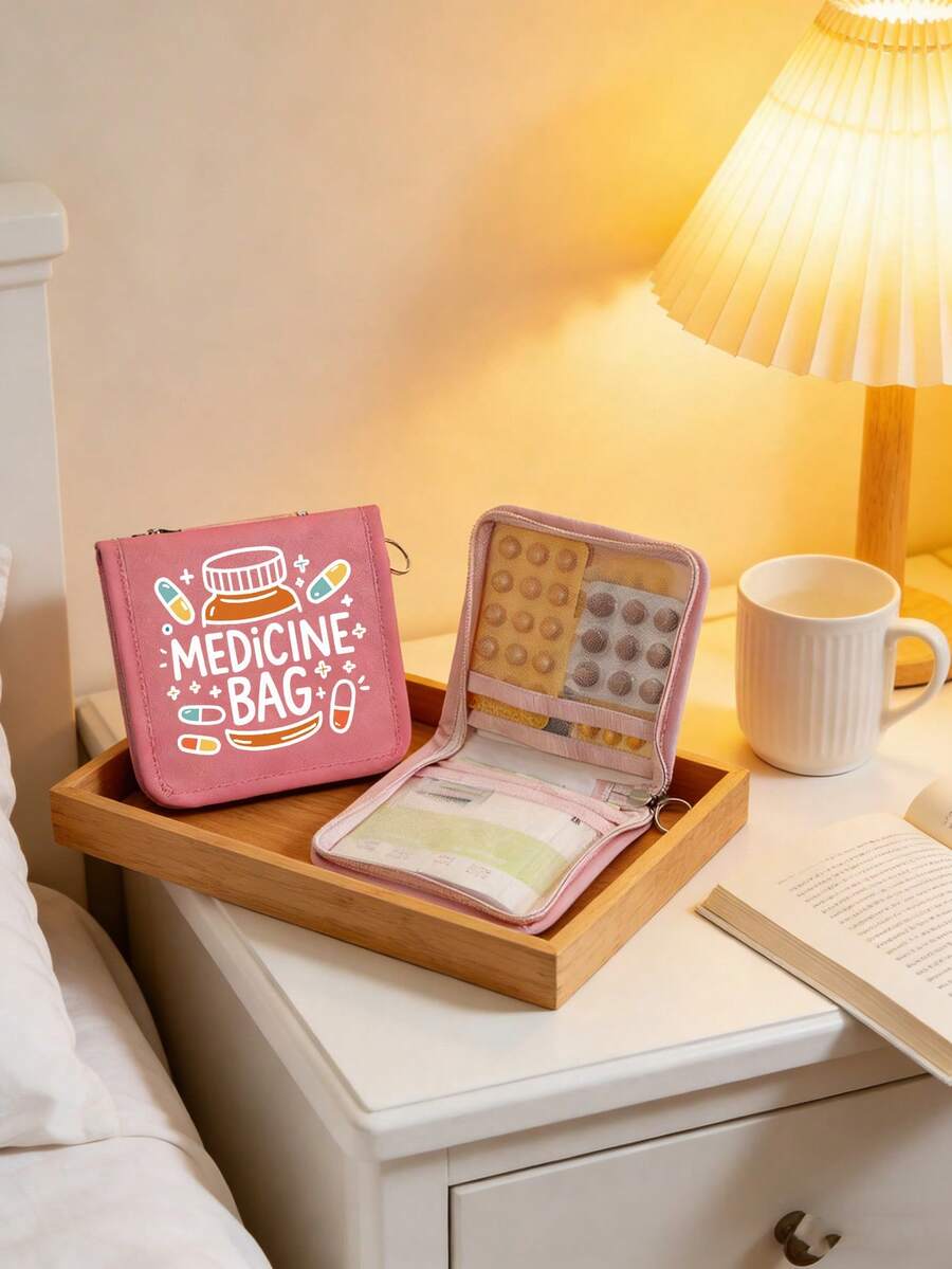 彩色卡通药丸图案便携式药袋，多功能旅行药品收纳盒，轻巧设计，易于放入包/钱包，适用于药袋、药盒和旅行药包，适合旅行、上班族、学生、家庭使用，也适合日常使用、旅行、办公、户外活动。药盒、药盒、药瓶、药罐、医院包、急救包、药品整理器、药品收纳袋、旅行必备包袋、旅行度假必备品