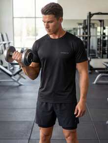 男士运动T恤，速干弹力休闲健身纯色短袖上衣，跑步 - 黑色 - 查看 5