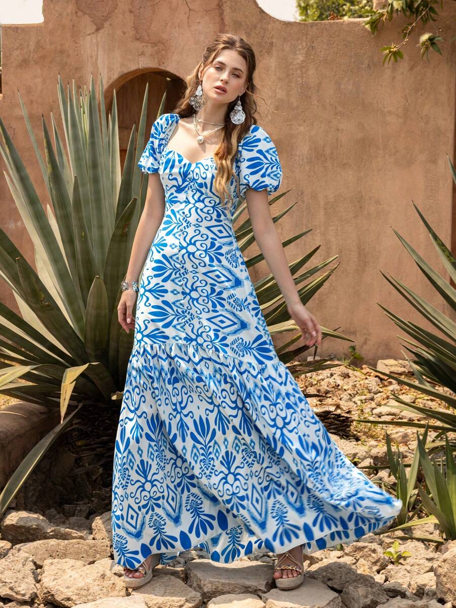 Faeriesty 优雅女士心形领连衣裙：波西米亚风刺绣印花连衣裙，泡泡袖，修身胸衣，层叠荷叶边下摆，腰部饰以精致点缀——完美适用于花园婚礼、波西米亚风新娘写真、私奔之旅、浪漫周年庆典、乡村户外活动等夏季场合。 - 藍色 - 查看 1