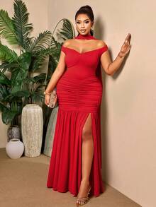BIUBIU Elegant Red Maxi Dress For Women, Off Shoulder Ruched Mermaid Dress With High Slit - Red - View 1
