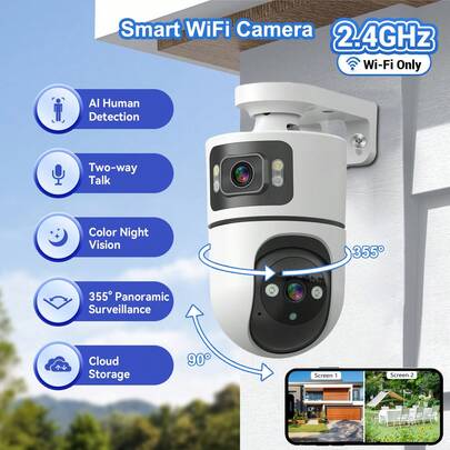 2K WiFi 智能摄像头，智能夜视模式，支持彩色夜视，PTZ 云平台技术覆盖盲区，AI 移动侦测，APP 通知，多人共享，频闪报警，APP 远程监控，适用于商店/仓库的智能安防监控，以及对老人、青少年和宠物的智能监控。