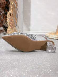 Women's Pointed Toe Backless High Heel Sandals With Sparkling Rhinestone Decor, Transparent Crystal Heel, Elastic Ankle Strap, Comfortable Padded Sole, Slip-On Design, Elegant Dance Shoes For Wedding, Party, Valentine's Day - Silver - View 8