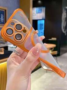 1 Peça Capa de Telefone Magnética Premium Semitraslúcida e Fosca Compatível com Apple 11/12/13/14/15/16/17 Pro Max, Capa Protetora Dura Eletroplantada com Película de Lente - Laranja - Visão 7