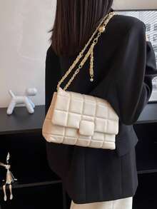 Fashionable Rhombus Pattern Shoulder Bag, Chain Strap Crossbody Square Bag For Women - Beige - View 3