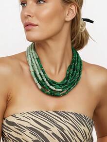 Dây chuyền nhiều lớp màu xanh ô liu ombre, điểm nhấn hạt vàng, kiểu dáng choker thanh lịch, dây chuyền đeo cổ thời trang cổ điển. - màu xanh lá - Xem 7