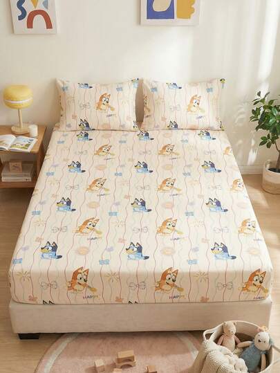 1枚 さわやかフィットシーツ、寝具、マットレスプロテクター、ベッドカバー、快適なホームテキスタイル、通気性抜群 毛玉防止マットレスパッド、さわやかな抱き心地、漫画柄ベッドカバー、ホームデコレーション、ライトイエローベース、寝室やドーミトリーに適したデコラティブベッドカバー、全てのベッドサイズに対応