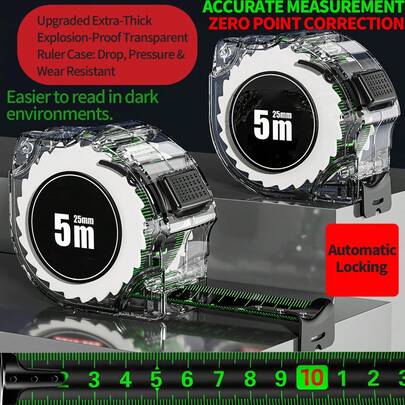Upgraded High Precision Durable Anti-Drop Ruler, Self-Locking Fluorescent Ratchet Steel Tape Measure, 196.85 Inches, Household Metric Ruler, 275.59 Inches - Transparent ABS Resin Extra Thick Shell - 0.1mm Precision, Clear Visibility - Suitable For Construction And Various Tasks, Designed For Dark Environments