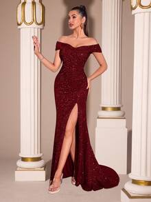 亮片优雅露肩交叉高腰褶裥高开衩露背曳地长裙，适合舞会、婚礼、盛大晚宴、返校节、约会之夜、正式晚宴、生日派对、节日庆典、家庭聚会等场合。 - 酒紅色 - 查看 3
