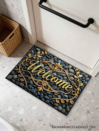 1pc Luxurious 3D "Welcome" Gold Lettering Doormat, Creative Cobblestone Pattern Entrance Rug, Elegant Golden Vine Decorative Floor Mat For Home,Doormats, Small Rugs, Welcome Mats, Carpets, Floor Mats, Outdoor Doormats, Kitchen Carpets, Home Decor, Front Door Mats, Small Area Rugs, Outdoor Mats, Home Decor, Area Rugs, Garden Carpets, Wool Carpets, Autumn/Winter Rugs, Washable Carpets