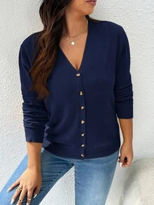 Pretty and Ole Women's Plus Size Solid Color Basic Casual Open Cardigan, Autumn/Winter Fall - Navy Blue - View 5