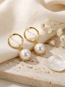 1 Paar 925 Sterling Silber & 14K Gold runde Süßwasserperlen Ohrringe zum Anhängen, Modeschmuck, geeignet für Frauen & Mädchen, ideal für Hochzeiten, Partys, Geburtstage, neue Ohrringe 2026 - Runde Perle - Übersicht 4