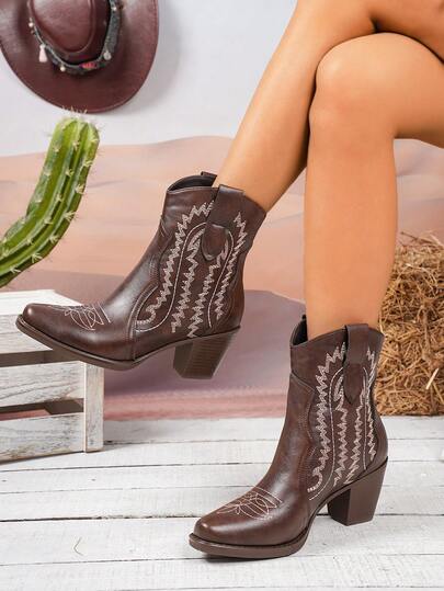 2026 New Women's Simple Square Toe Solid Color Chunky Heel Fashion Slip-On Ankle Boots, Western Boots