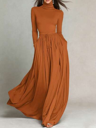 Women's Solid Color Turtleneck Long Sleeve Dress, Belted Waist Flowing Slimming Vintage Style Versatile Work Dress