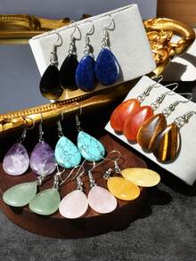 天然石材颜色深浅纹理随机天然石材水滴吊坠耳环色彩缤纷的波西米亚风格度假主题派对用品 - 彩色 - 查看 2