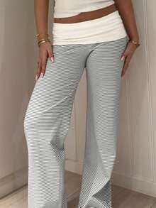 Sunny Girly Spring Women's Back To School Striped Straight-Leg Pants, With A White Ruffled Waist Design, Suitable For Valentine's Day Wear - Light Grey - View 6