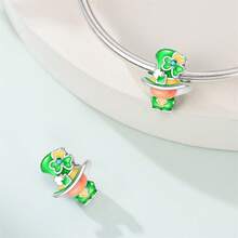 1 Silver-Plated Pendant Bead, Lucky Green Cat Paw Bead, Green Lucky Bow Pendant, Lucky Clover Bead, Jungle Adventure Trio Charm, Green Beer Party Charm, Green Gentleman Bear Charm, Green Hat Festival Trio Charm, St. Patrick's Day Bead, Fits Original 3mm Bracelet, DIY Women's Jewelry Birthday Engagement Party Gift - Green - View 11