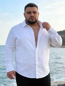 Camisa casual de unicolor para hombre de talla grande, camisa de ocio de cuello clásico con botones ocultos de moda para talla grande - Blanco - Ver 3