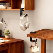 1个通用耳机支架，桌面安装支架，可360度旋转，游戏耳机收纳架，夹式桌下挂钩，带线缆夹，适用于办公室、家庭使用 - 黑色 - 查看 8