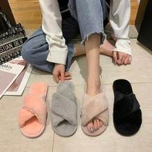 Cross-Strap Ladies Fur Plush Slippers Foreign Trade Cross-Border Slippers Open-Toed Slippers Home Girls Warm Cotton Slippers - 酒紅色 - 查看 1