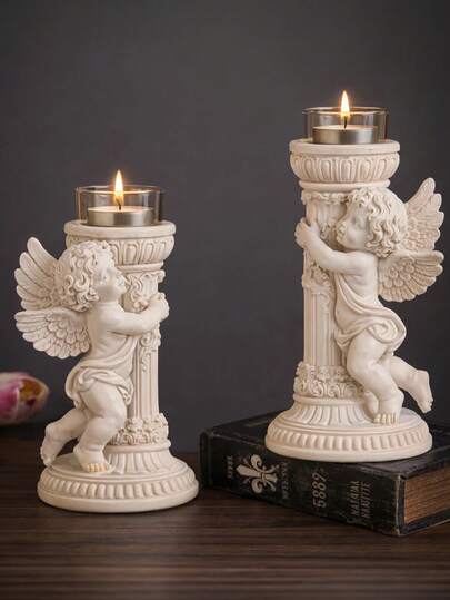 1/2 piezas Portavelas de ángel estilo europeo vintage, Portavelas de pilar de resina romántico, Adecuado para cena a la luz de las velas, regalo del Día de San Valentín y decoración de boda