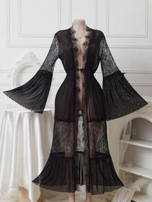 Womens Mesh Swimsuit Coverup Lace Embroidered Long Beach Cover Ups Flare Long Sleeve Tie Front Summer Cardigan - 黑色 - 查看 4
