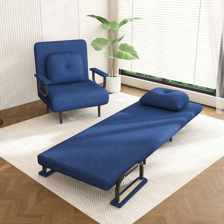 5-In-1 Folding Sofa Bed Convertible Chair, Adjustable Backrest Recliner With Pillow, Space-Saving Sleeper For Living Room, Apartment, Dorm & Guest Room, Blue - 預設 - 查看 2