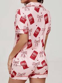 2 Stücke Damen Valentinstag Polka Punkt Schleife Herz Muster Kurzarm Shorts Pyjama Set, romantischer roter Saum Strick Top mit offener Knopfleiste, Elastikbund Hose, geeignet für alle Jahreszeiten als lässige Loungewear - Pink - Übersicht 4