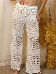 Kit 2 Calças Saída de Praia Tricot Crochê Pantalona Teladas Estilosa Moda Verão Confortavél - Preto e Caramelo - Visão 4