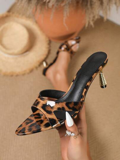 Sandalias de tacón alto de mujer con hebilla de metal de estampado de leopardo, modelo 2026 de moda. Puntera puntiaguda, tacón de metal alto y cómodo, diseño slip-on, elegantes y versátiles, adecuadas para reuniones al aire fiestas de gala.