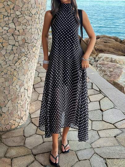 Unadoll Women's Summer Casual Polka Dot Fabric Elegant Dress, Suitable For Dates, Vacations, Valentine's Day, Birthdays, Beaches, And Outdoor Wear