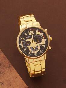 4pcs/Set Minimalist Business Men's Quartz Watch Set, Men's Gold-Tone Accessory Set (Includes Gold-Tone Alloy Dial Watch With Black Chronograph Dial, Cross Necklace, Chain Bracelet, And Cross Gold Ring). Featuring An All-Gold Tone With Black Chronograph Dial - Gold - View 2