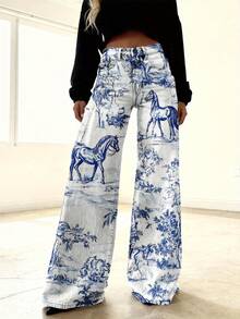 Women's High-Waisted Vintage Bell-Bottom Jeans Pants - Wide-Leg Cowboy Trousers With Blue Horse & Floral Landscape Print, Stretch For Fall/Winter, Beltless Button Closure (Machine Washable) - Straight-Leg For Comfortable Streetwear - 彩色 - 查看 1