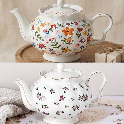 1 Pc Floral Tea Pot, 38 Oz, White With Pink Roses & Gold Trim, Flower Ceramic Teapot, 1100ml Porcelain Teapot For Tea Coffee Milk For Office Home Men Women As Gift, Dishwasher , Elegant Spring Flowers Decal For Daily Use, Birthday, New Year, New Home Housewarming, Valentines Day, Mother's Day And Christmas Gifts